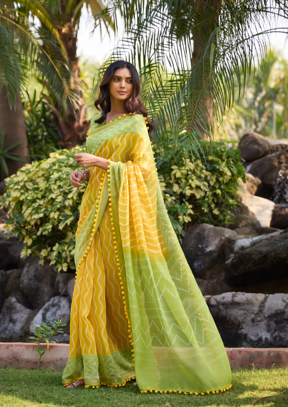 Yellow Pure Soft Mul Mul Cotton Pum Pum Cotton Saree