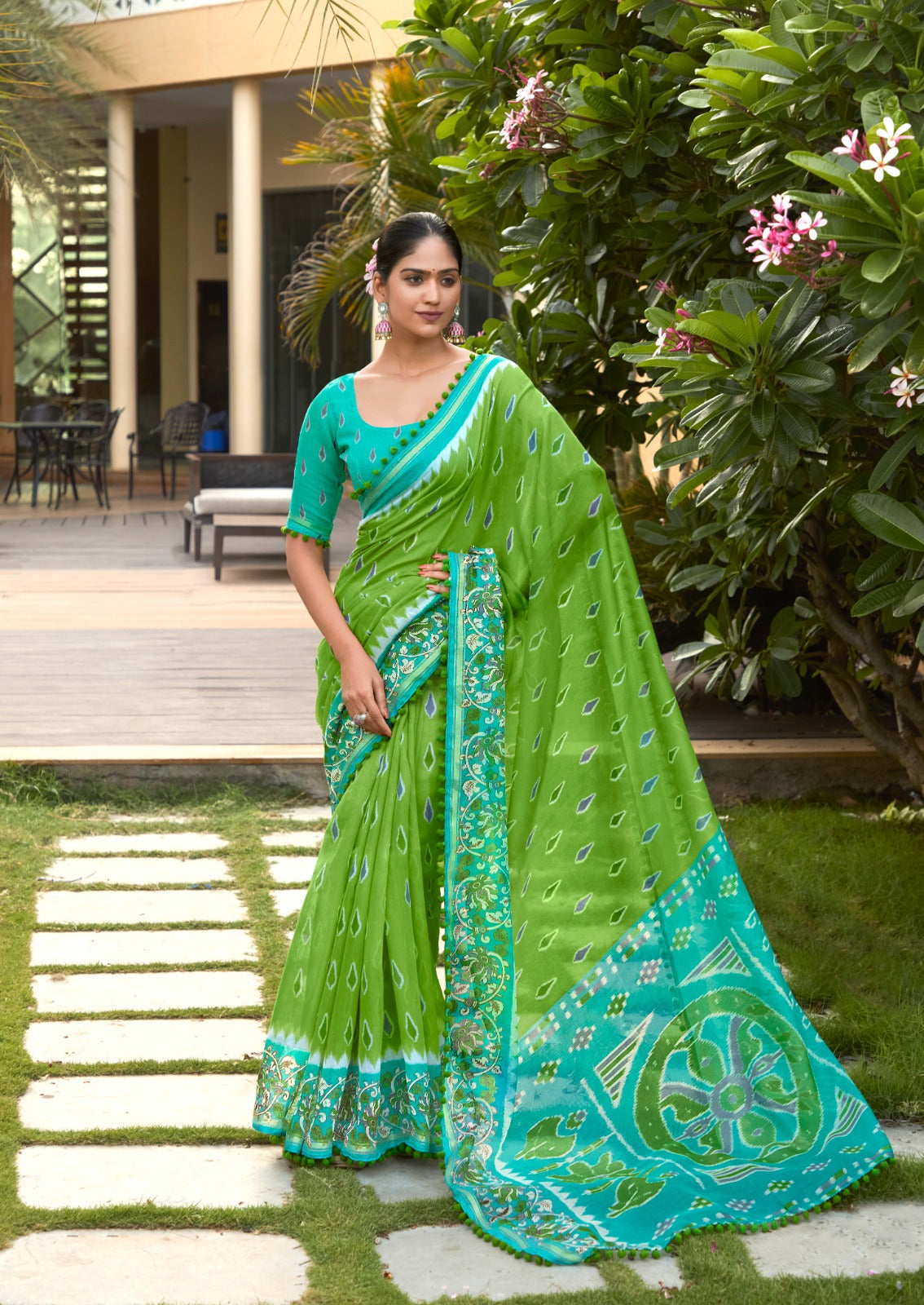 Green Pure Soft Mul Mul Cotton Pum Pum Cotton Saree