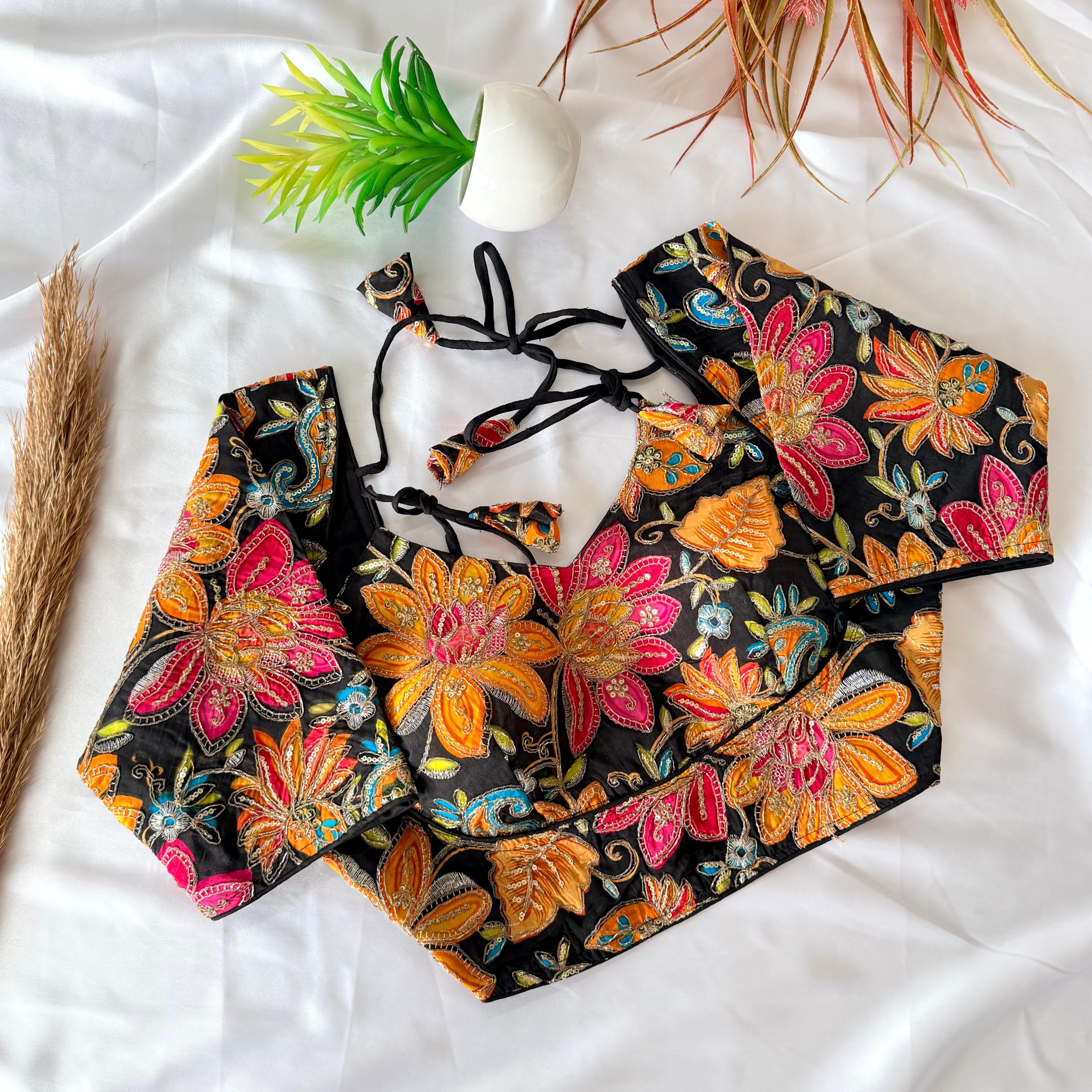 Premium Pure Silk Floral Embroidery Blouse for Women