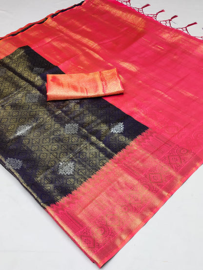 Mulled Blue Soft Silk Zari Base Handloom Soft Silk Saree Banarasi Saree Anant Tex Exports Pvt.Ltd..