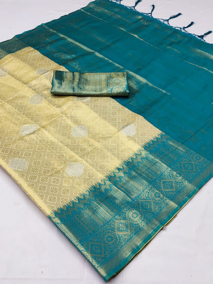 Cream Soft Silk Zari Base Handloom Soft Silk Saree Banarasi Saree Anant Tex Exports Pvt.Ltd..