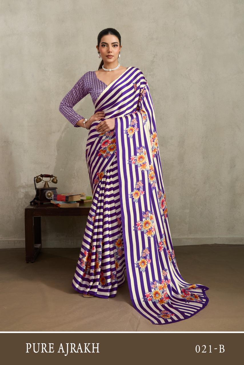 Purple Pure Soft Modal Satin Ajrakh Print Satin Saree Japan Satin Saree Anant Tex Exports Pvt.Ltd..