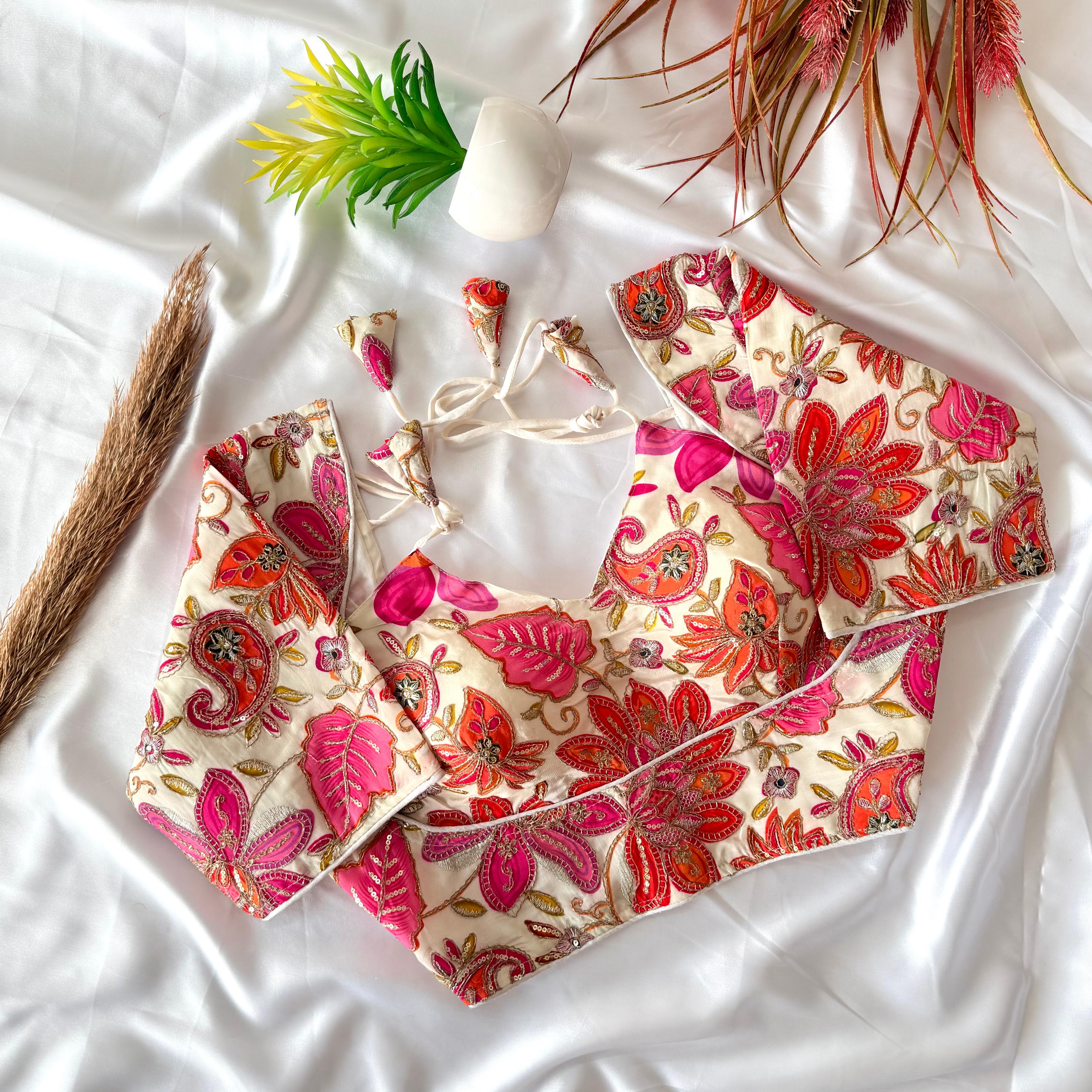 Premium Pure Silk Floral Embroidery Blouse for Women