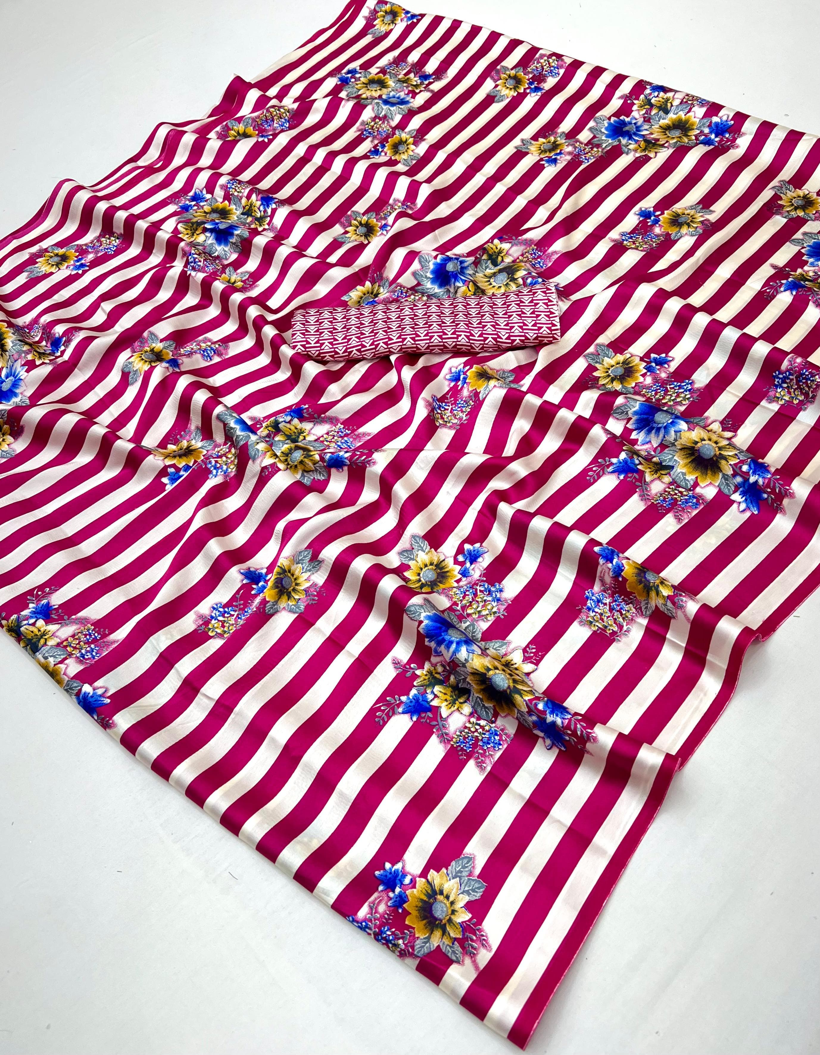 Neon Pink Pure Soft Modal Satin Ajrakh Print Satin Saree