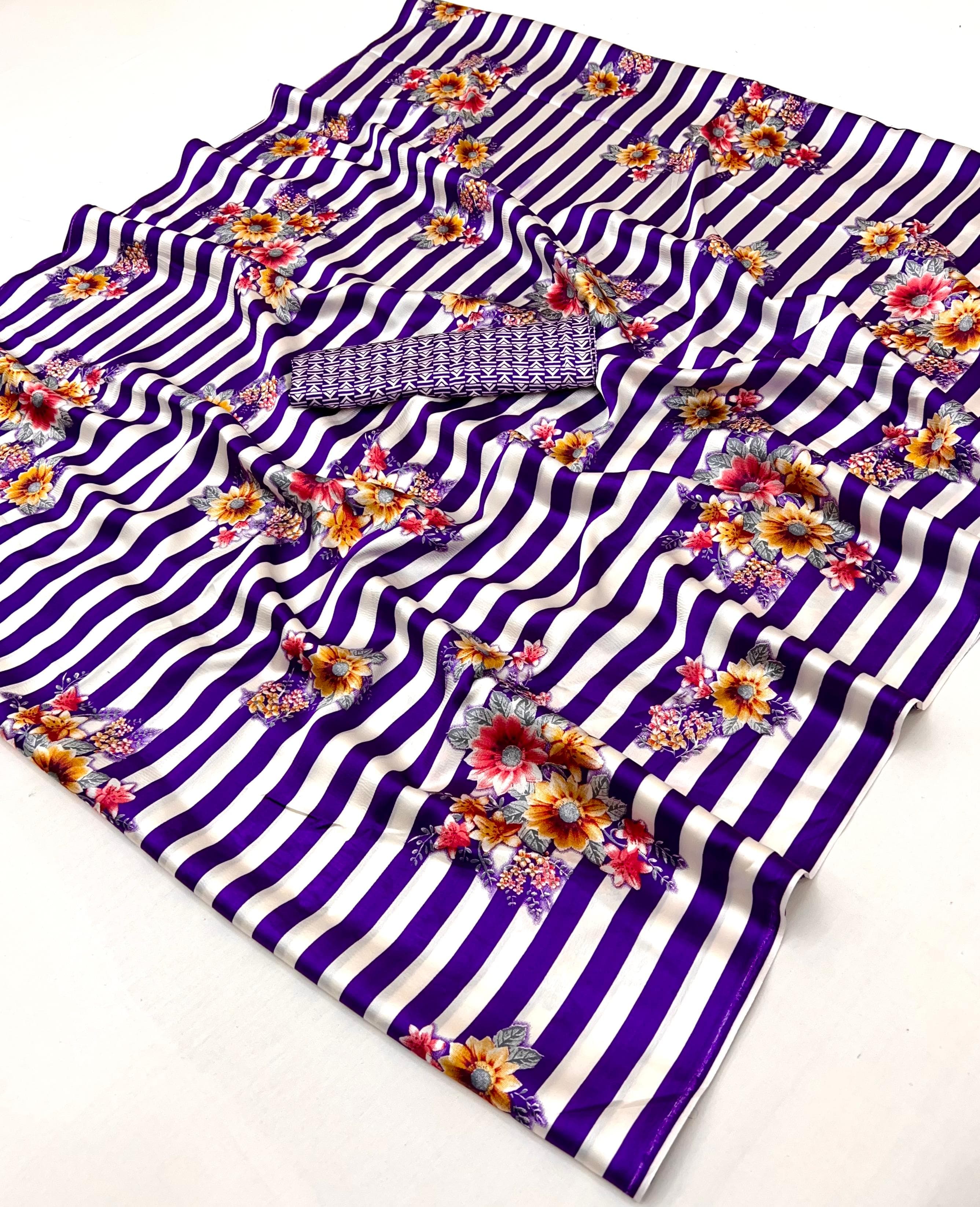 Purple Pure Soft Modal Satin Ajrakh Print Satin Saree Japan Satin Saree Anant Tex Exports Pvt.Ltd..