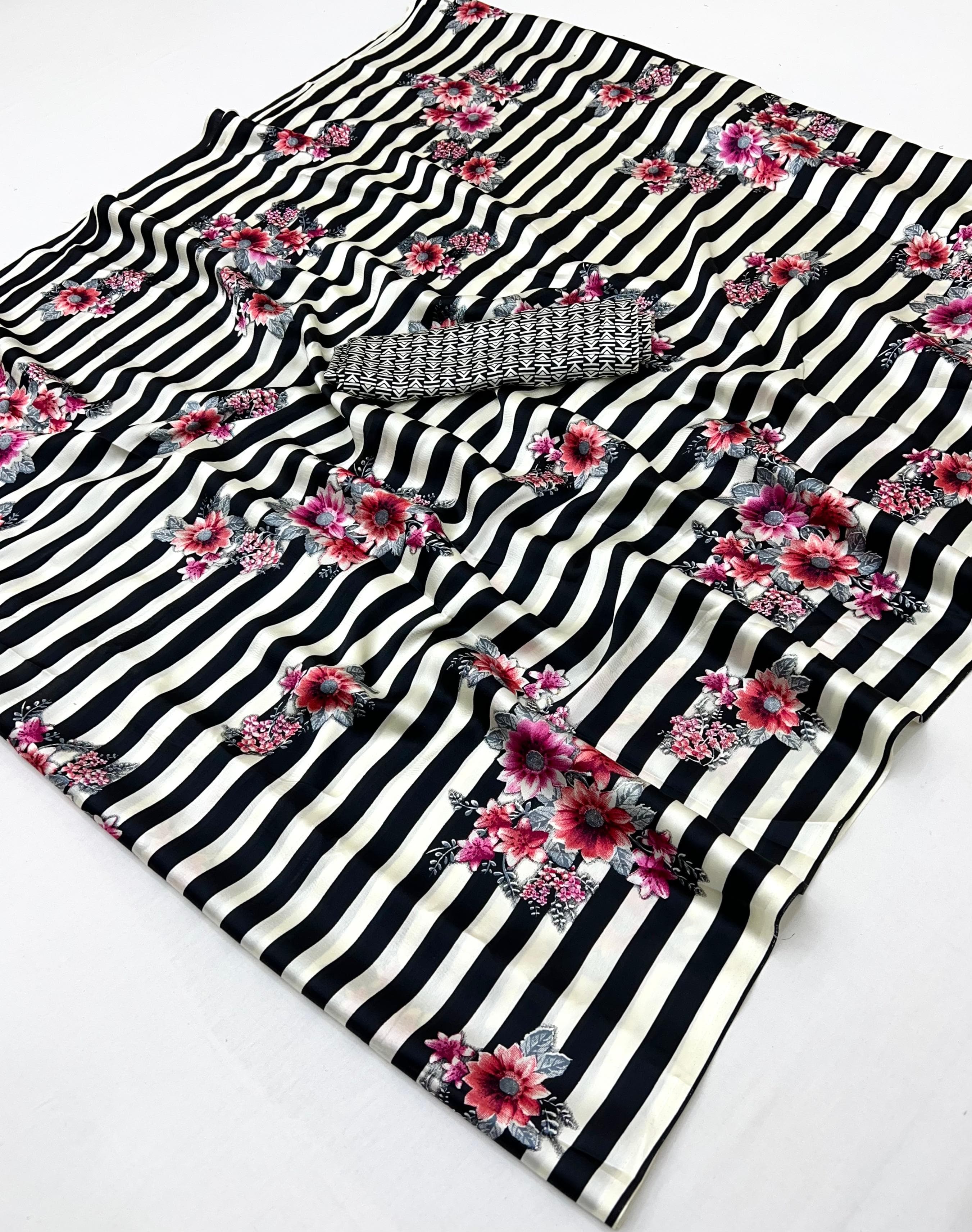 Black Pure Soft Modal Satin Ajrakh Print Satin Saree