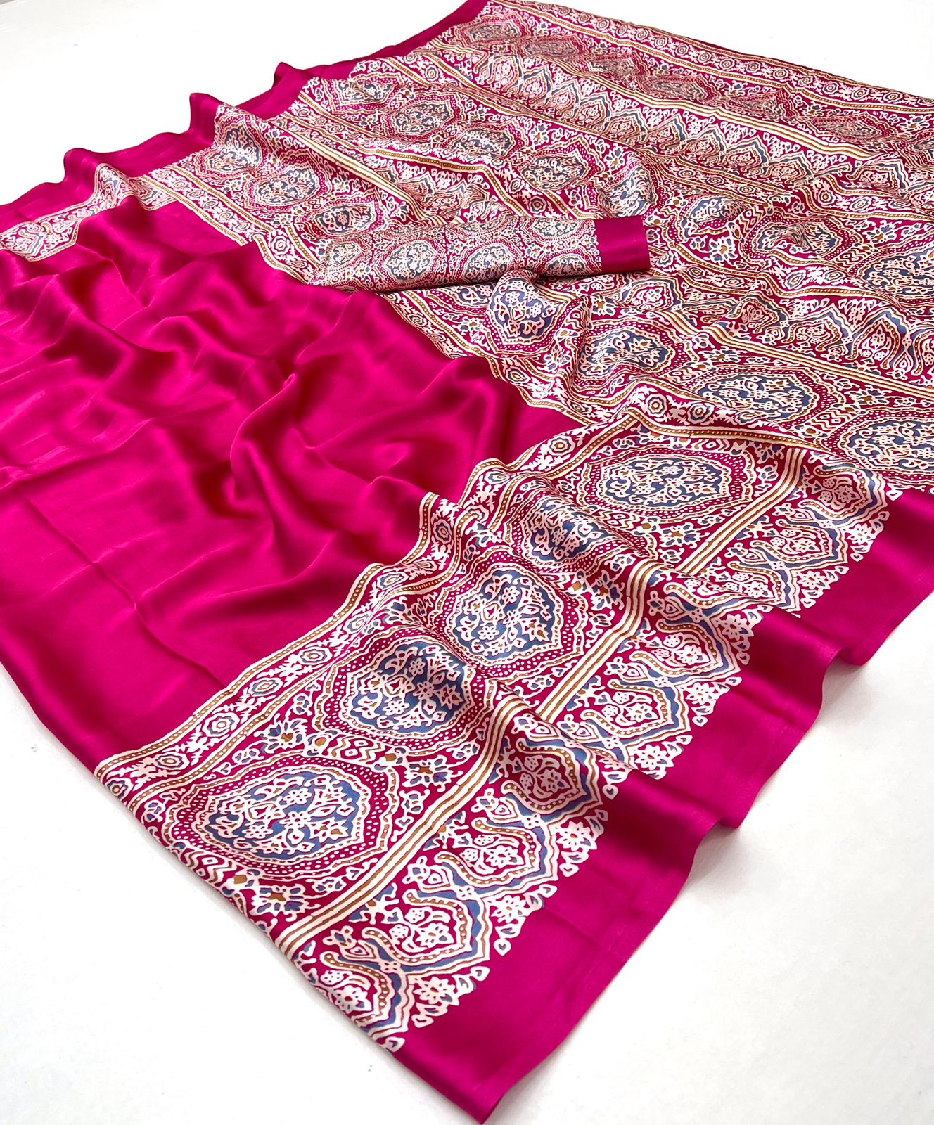 Pink Pure Soft Modal Satin Ajrakh Print Satin Saree Japan Satin Saree Anant Tex Exports Pvt.Ltd..