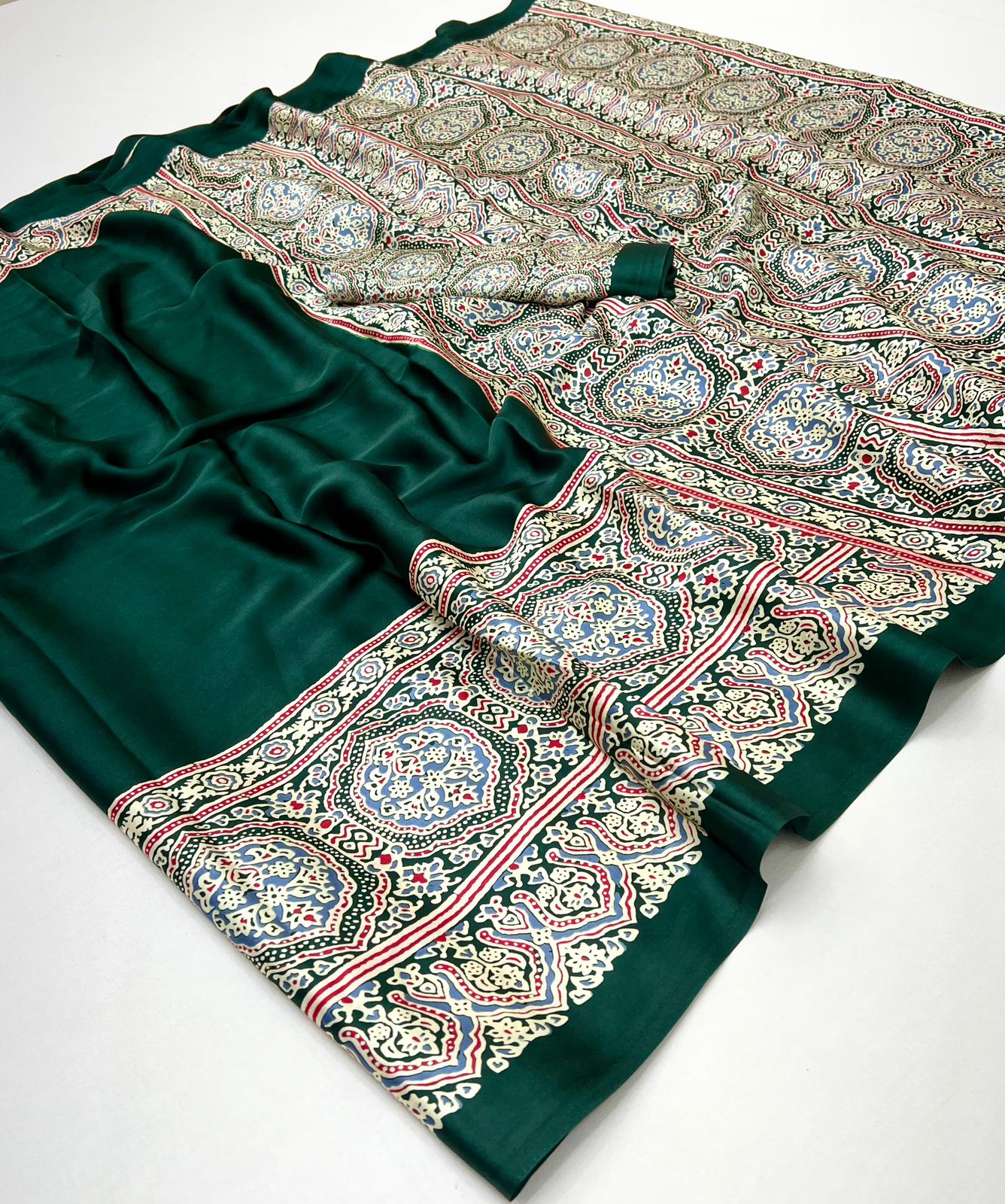 Green Pure Soft Modal Satin Ajrakh Print Satin Saree Japan Satin Saree Anant Tex Exports Pvt.Ltd..