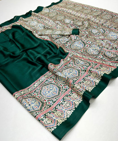 Green Pure Soft Modal Satin Ajrakh Print Satin Saree Japan Satin Saree Anant Tex Exports Pvt.Ltd..