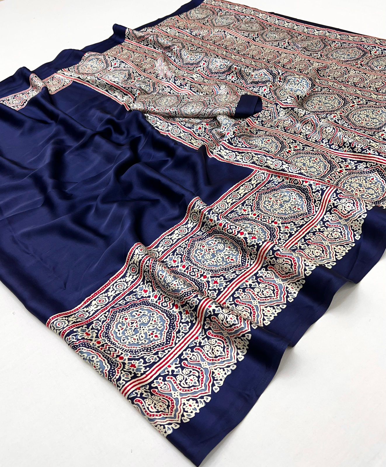 Blue Pure Soft Modal Satin Ajrakh Print Satin Saree Japan Satin Saree Anant Tex Exports Pvt.Ltd..