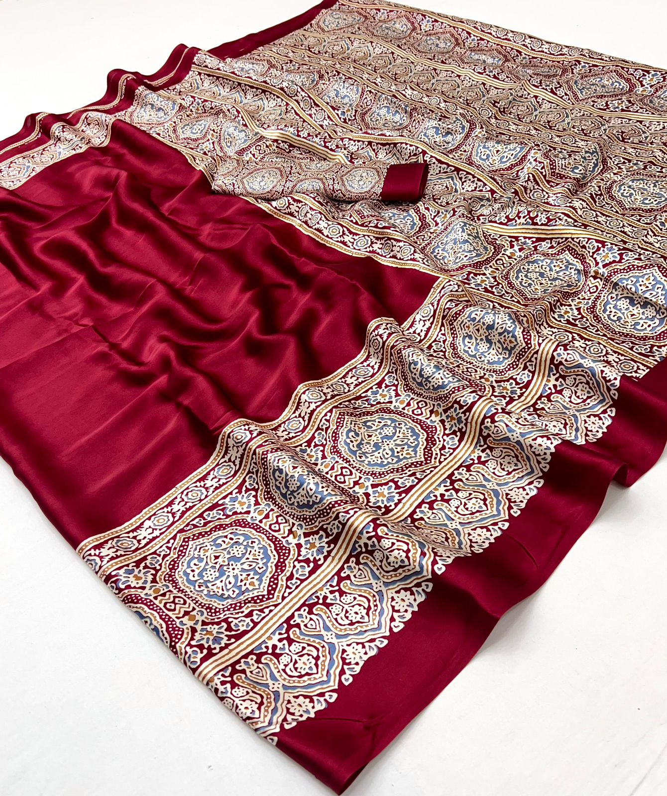 Red Pure Soft Modal Satin Ajrakh Print Satin Saree Japan Satin Saree Anant Tex Exports Pvt.Ltd..