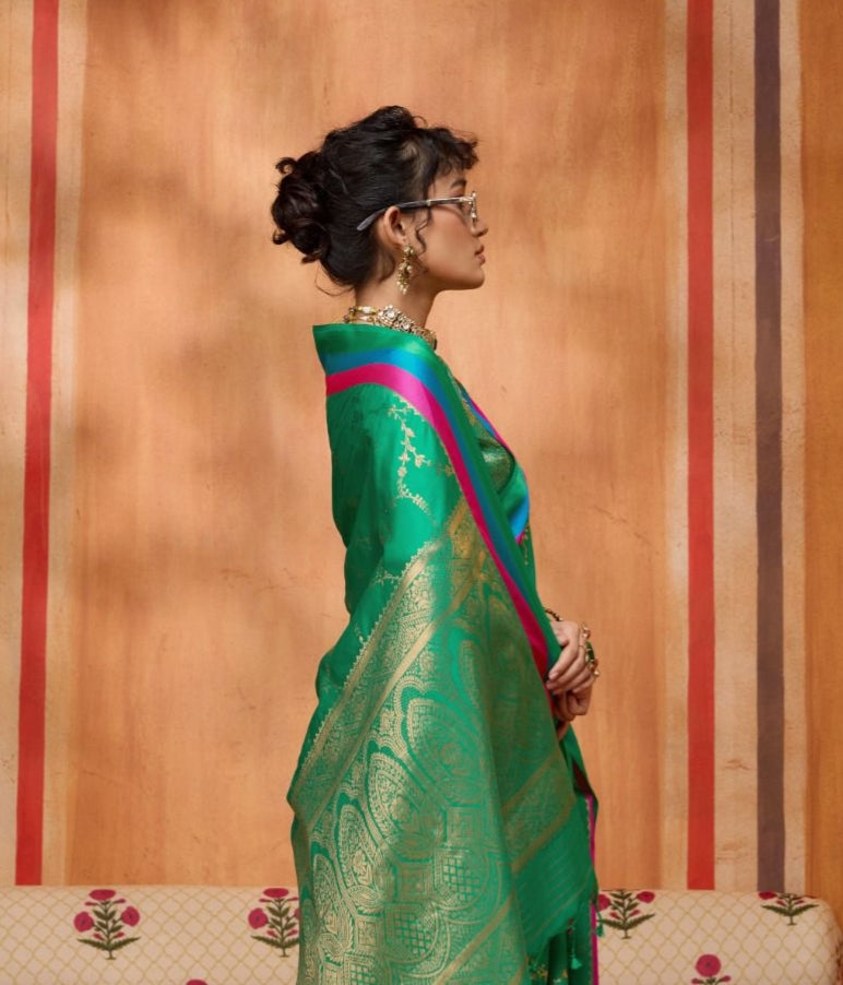 Green Pure Soft Satin Handloom Weaving Satin Saree Japan Satin Saree Anant Tex Exports Pvt.Ltd..
