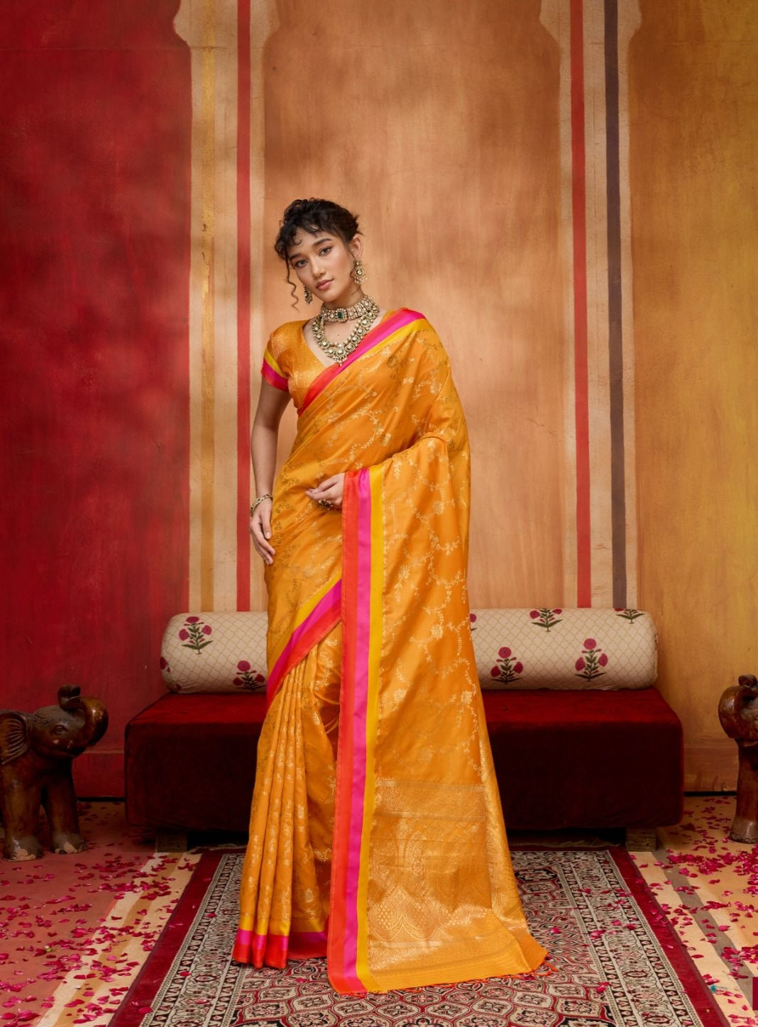 Yellow Pure Soft Satin Handloom Weaving Satin Saree