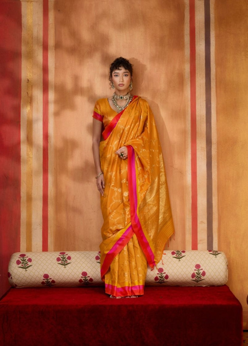 Yellow Pure Soft Satin Handloom Weaving Satin Saree Japan Satin Saree Anant Tex Exports Pvt.Ltd..