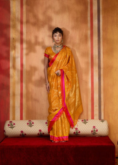 Yellow Pure Soft Satin Handloom Weaving Satin Saree Japan Satin Saree Anant Tex Exports Pvt.Ltd..