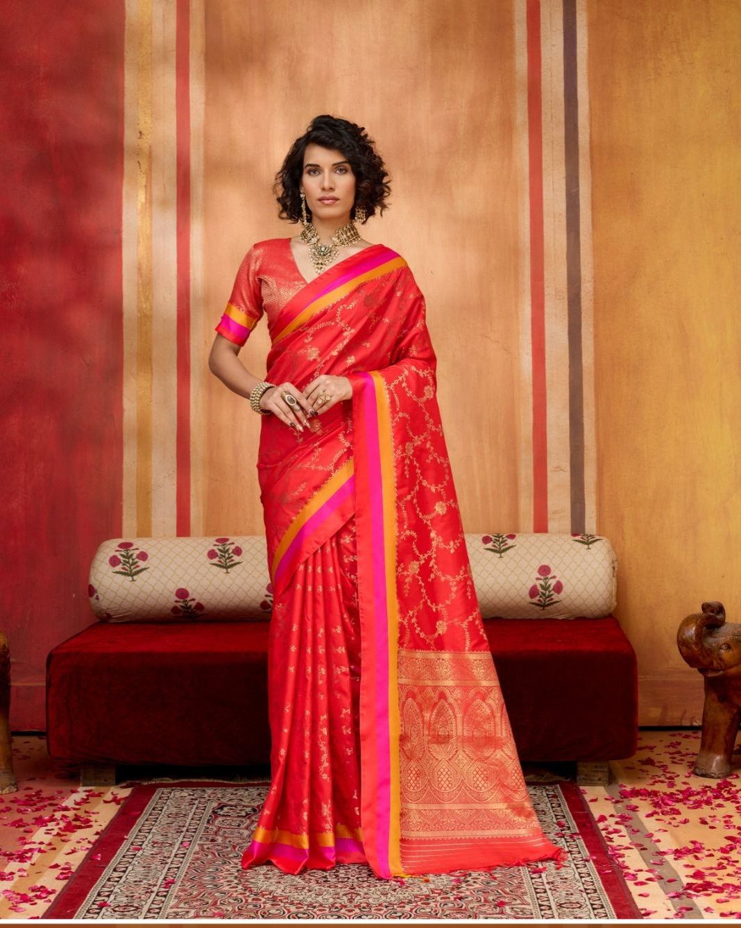Red Pure Soft Satin Handloom Weaving Satin Saree