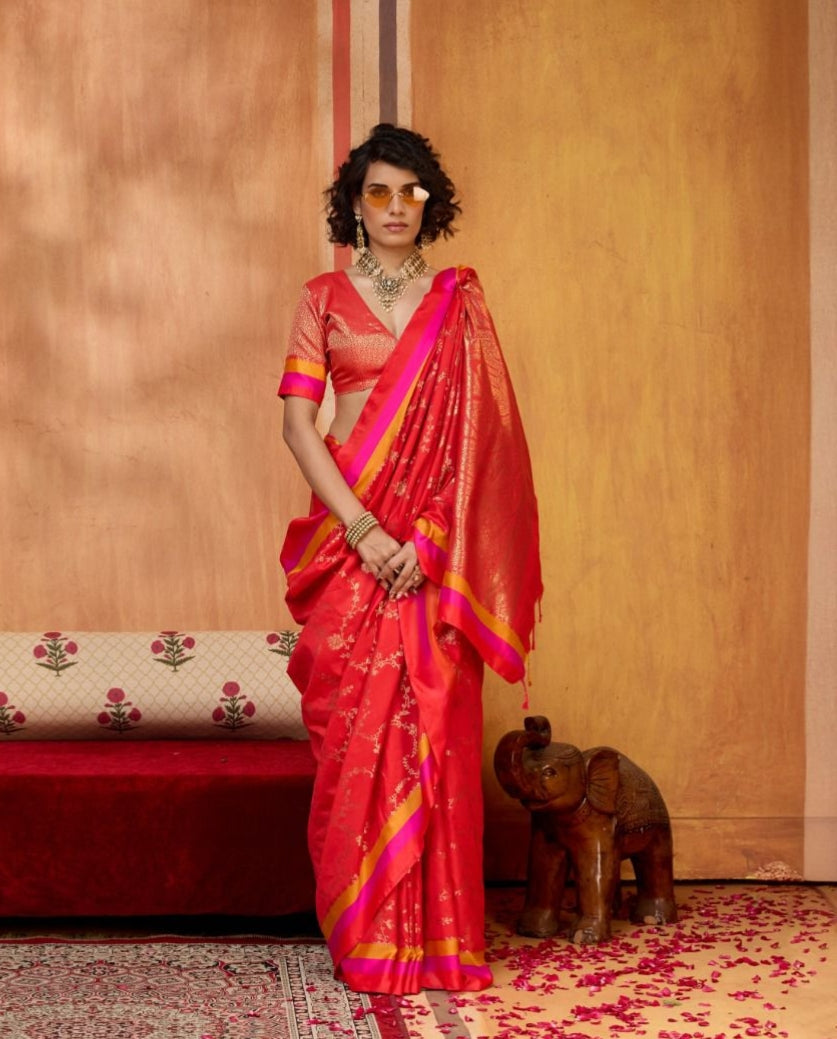 Red Pure Soft Satin Handloom Weaving Satin Saree