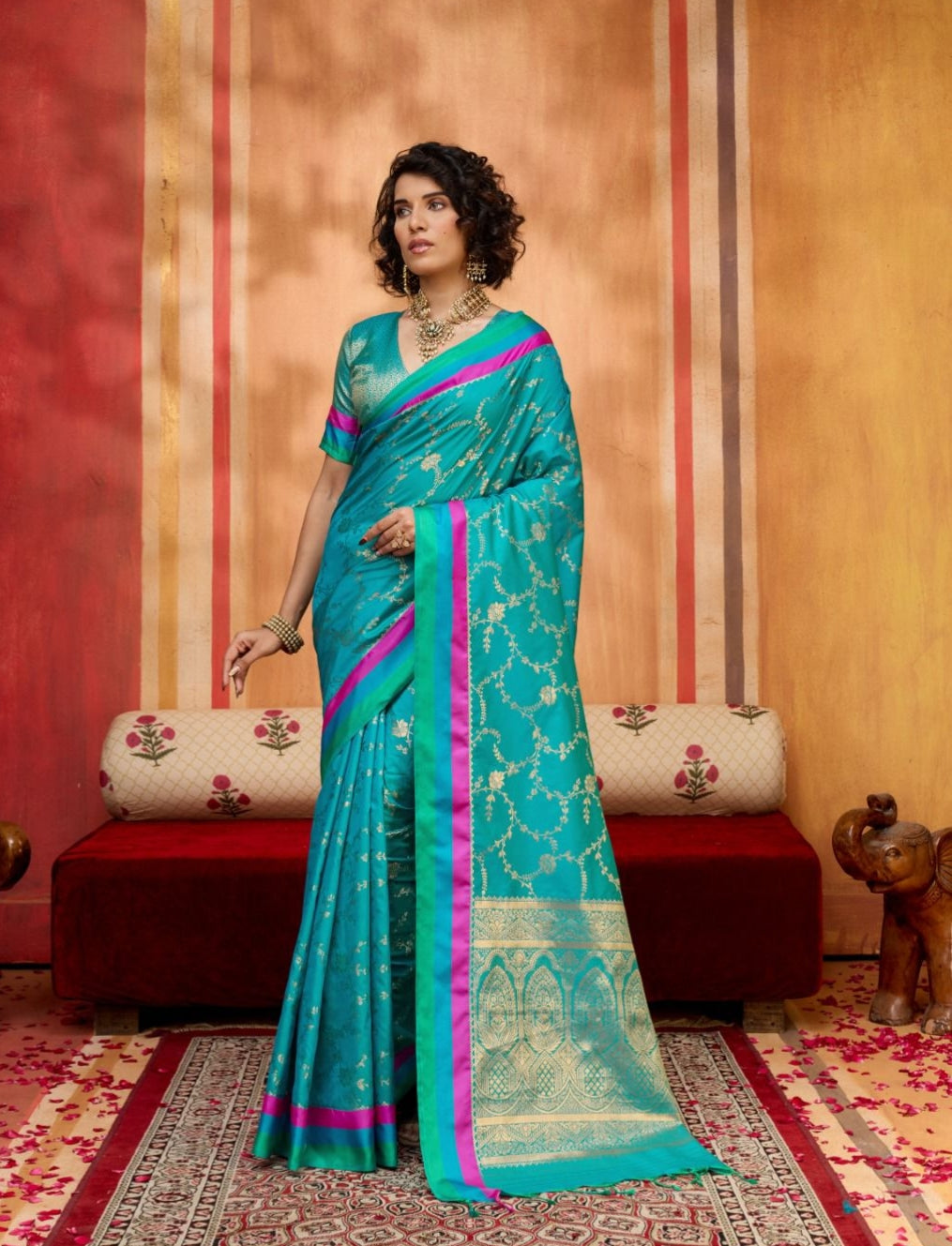 Blue Rama Pure Soft Satin Handloom Weaving Satin Saree