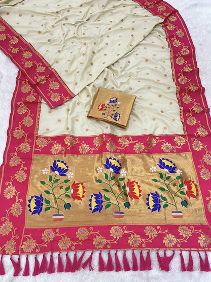 Cream Soft Silk Lotus Paithani Saree Paithani Saree Anant Tex Exports Pvt.Ltd..