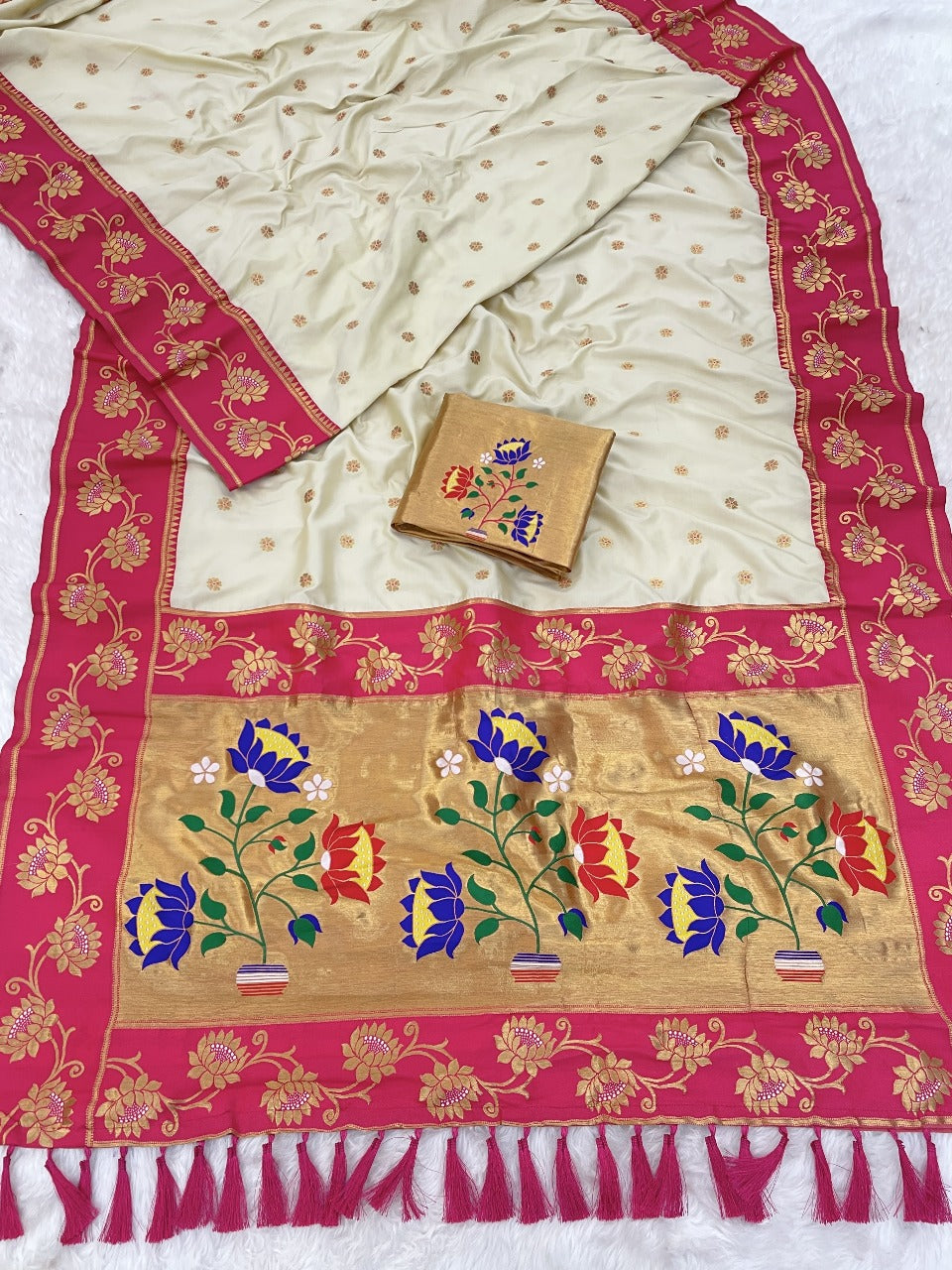 Cream Soft Silk Lotus Paithani Saree