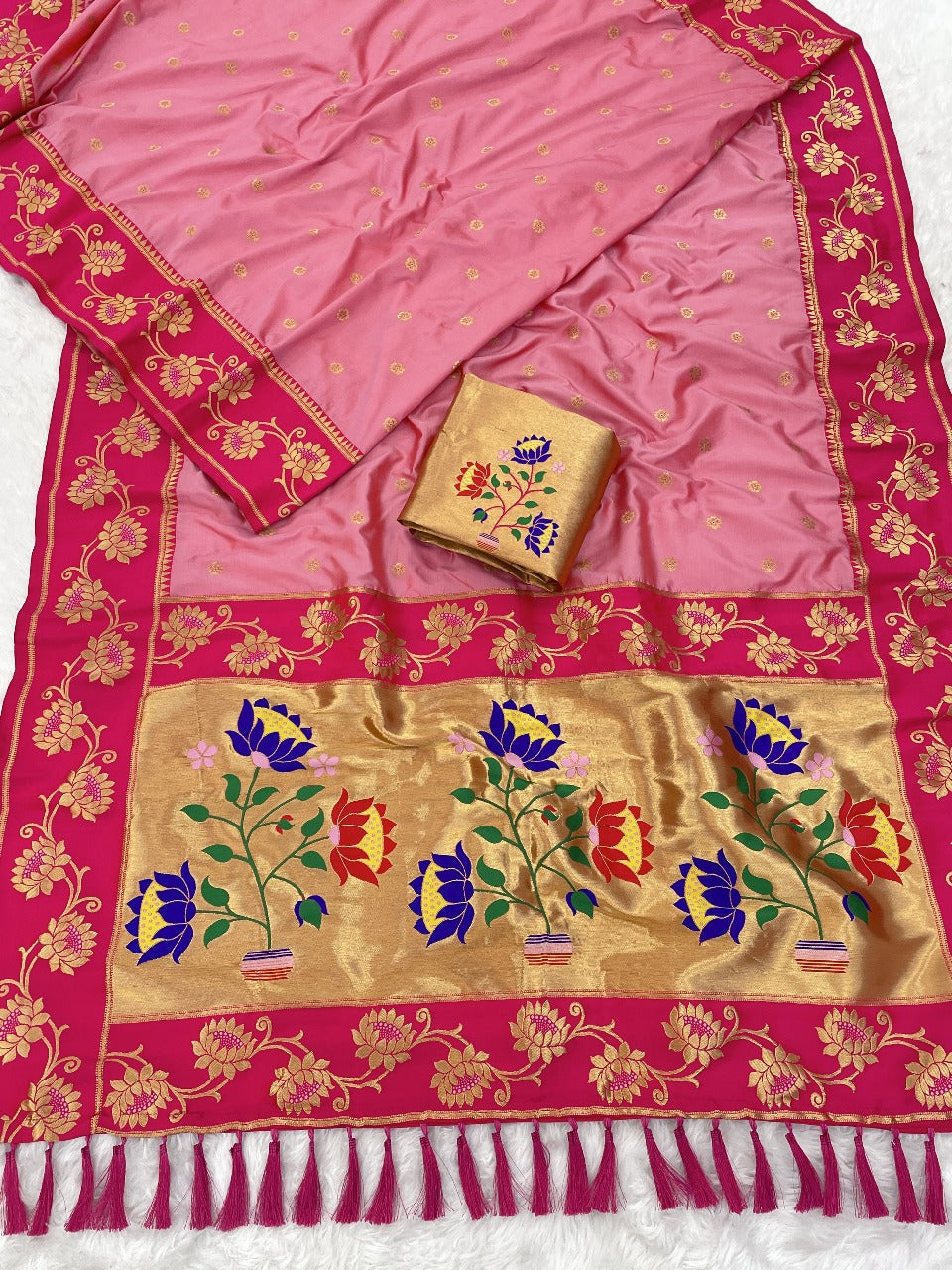Baby Pink Soft Silk Lotus Paithani Saree