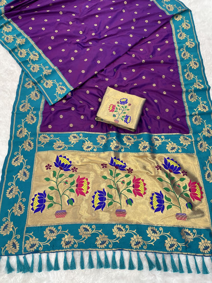 Purple with Rama Soft Silk Lotus Paithani Saree Paithani Saree Anant Tex Exports Pvt.Ltd..