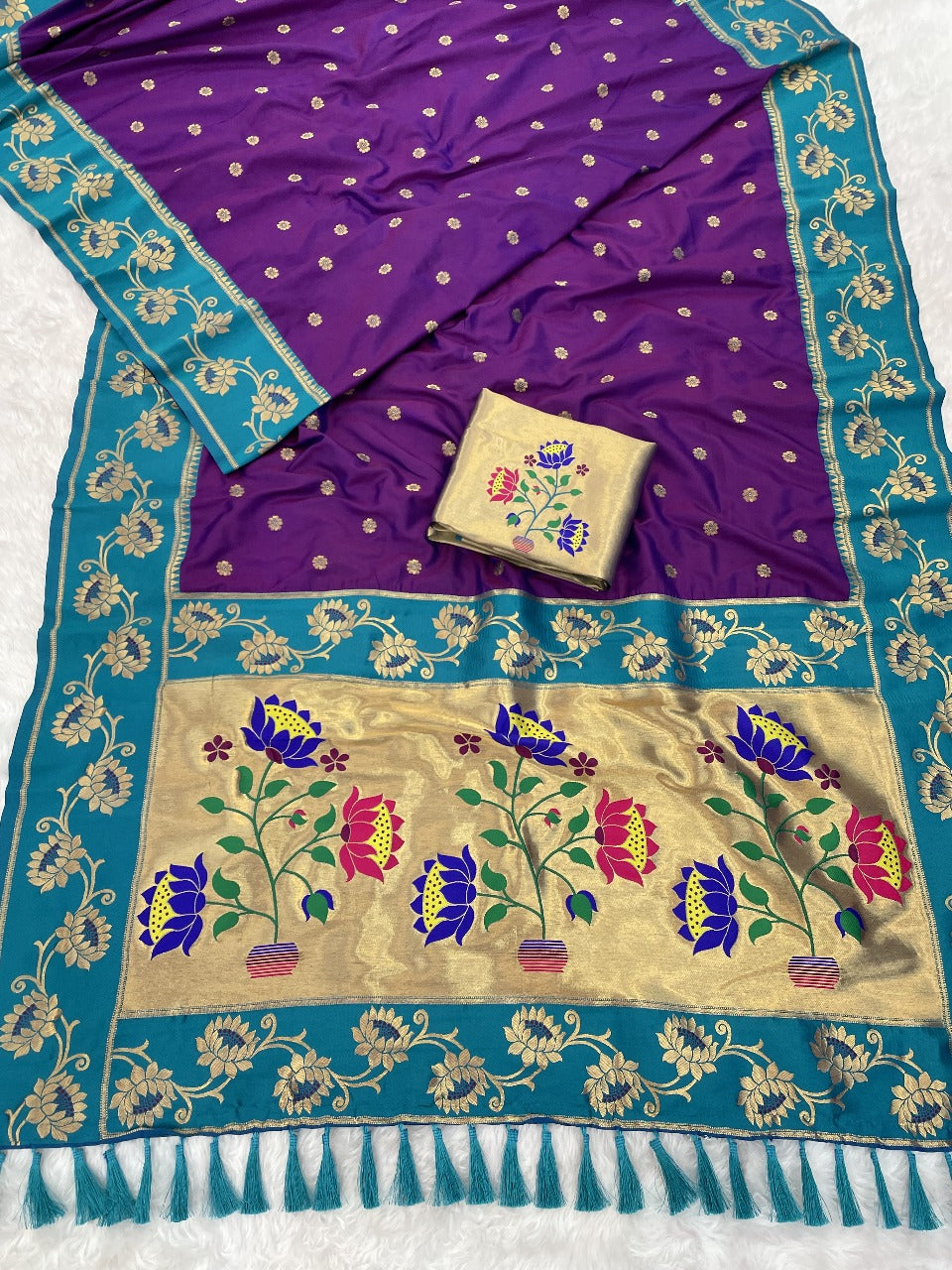Purple with Rama Soft Silk Lotus Paithani Saree