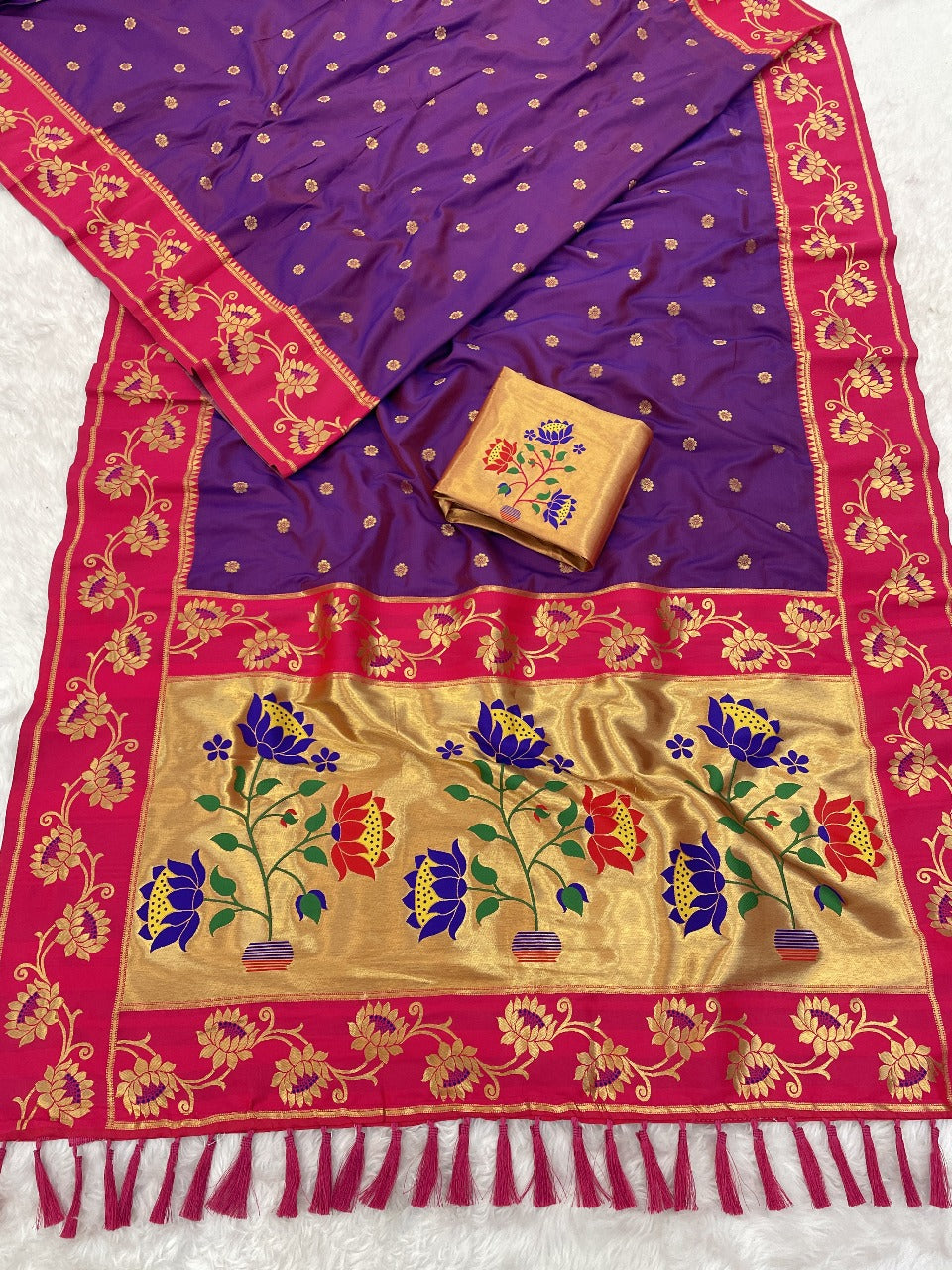 Purple with Pink Soft Silk Lotus Paithani Saree