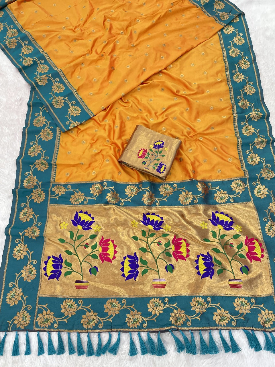 Orange Soft Silk Lotus Paithani Saree