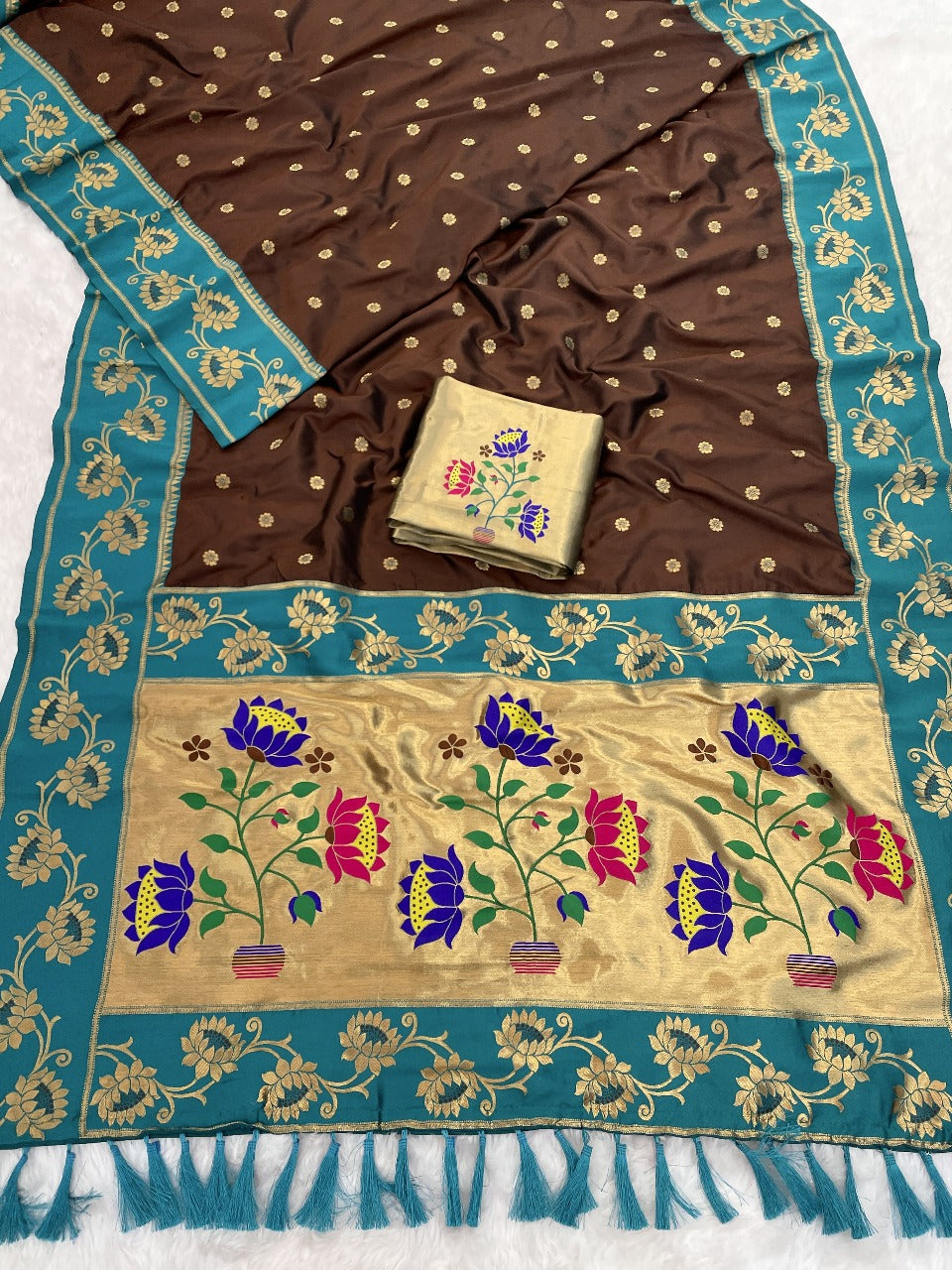 Coffee Brown Soft Silk Lotus Paithani Saree