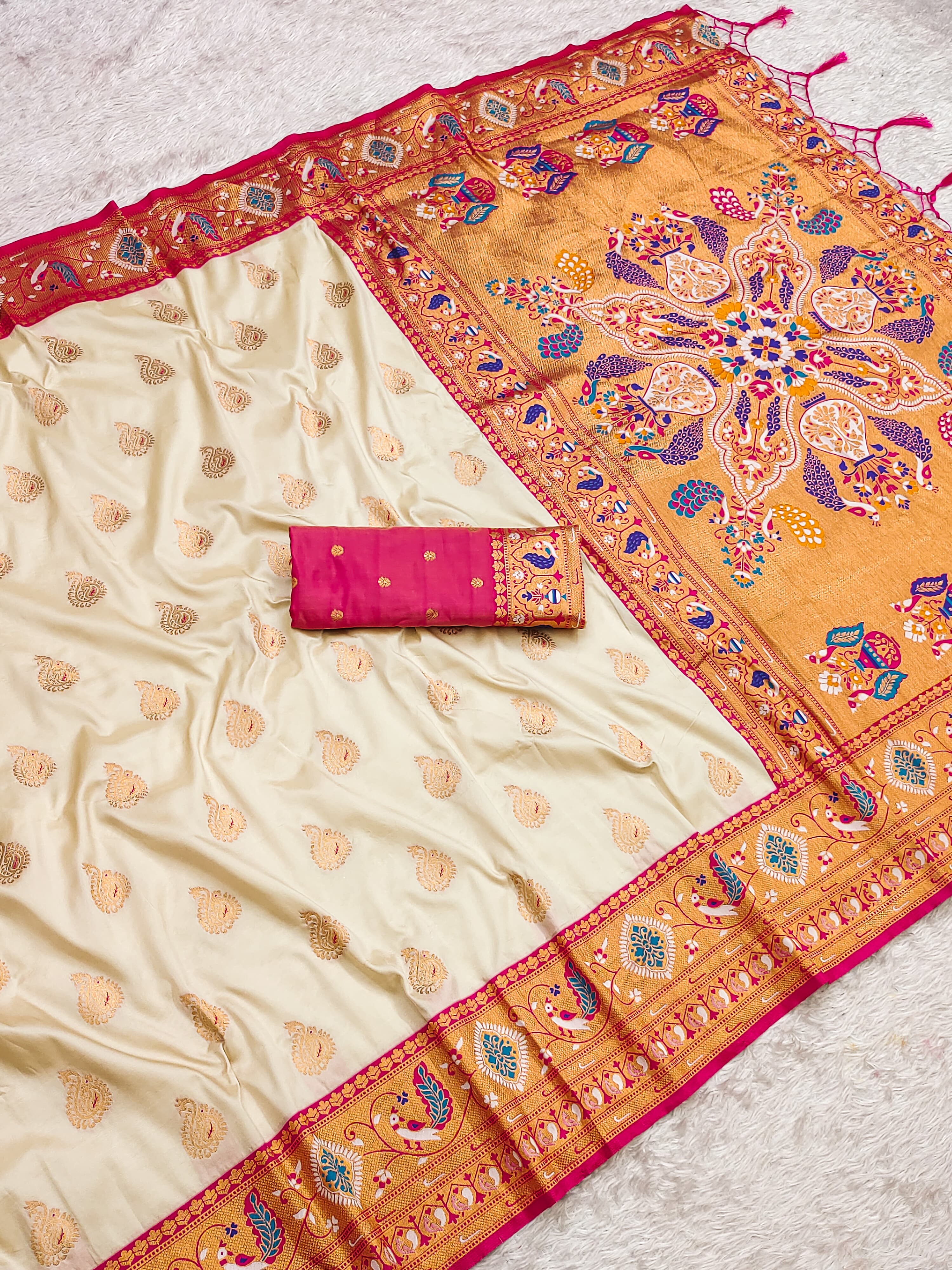 Cream Zari Woven Peacock Paithani Silk Saree
