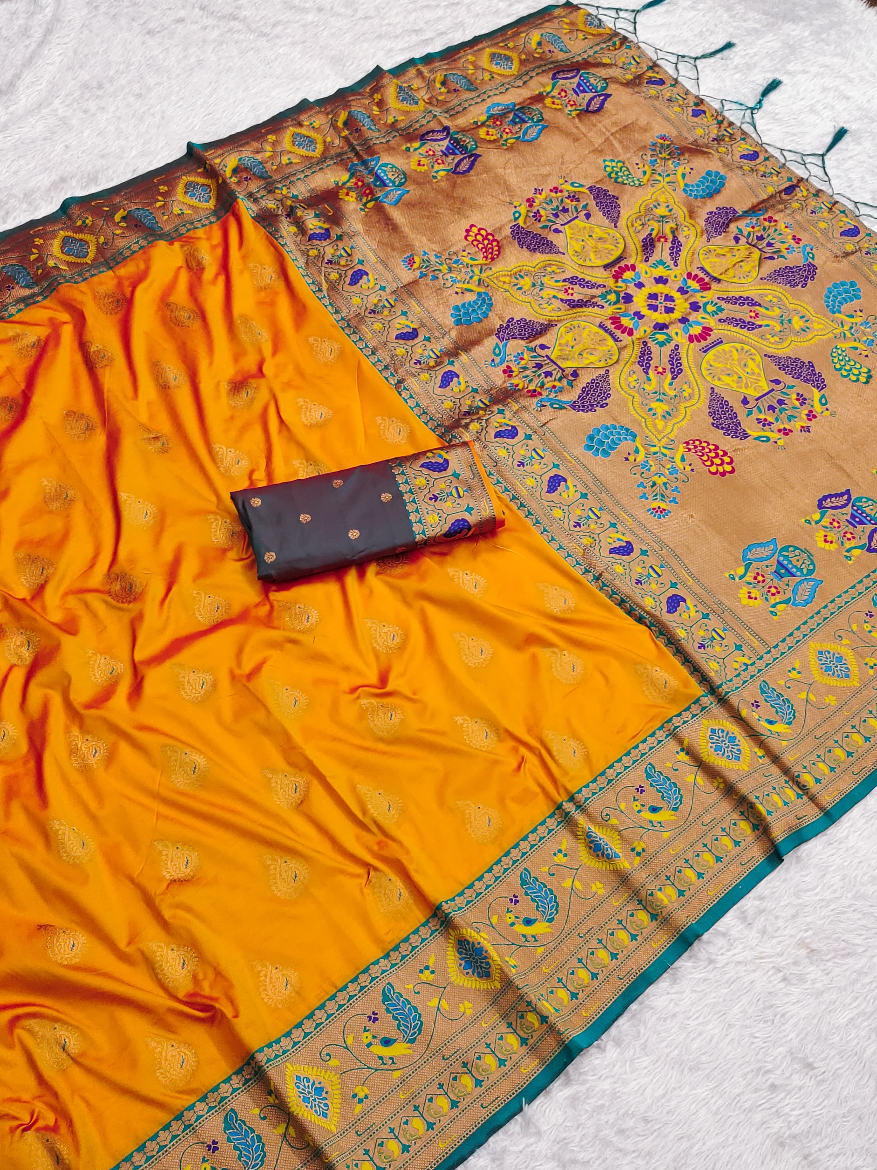 Orange Zari Woven Peacock Paithani Silk Saree