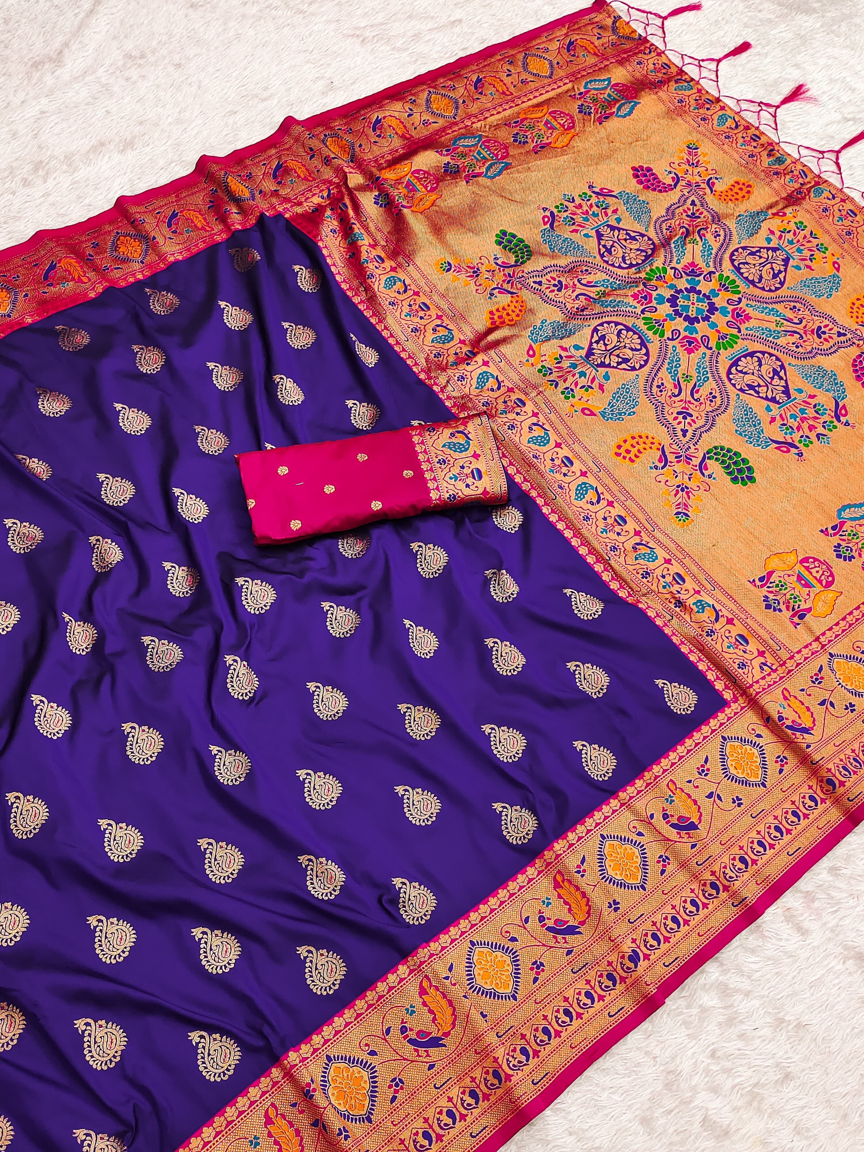 Violet Zari Woven Peacock Paithani Silk Saree