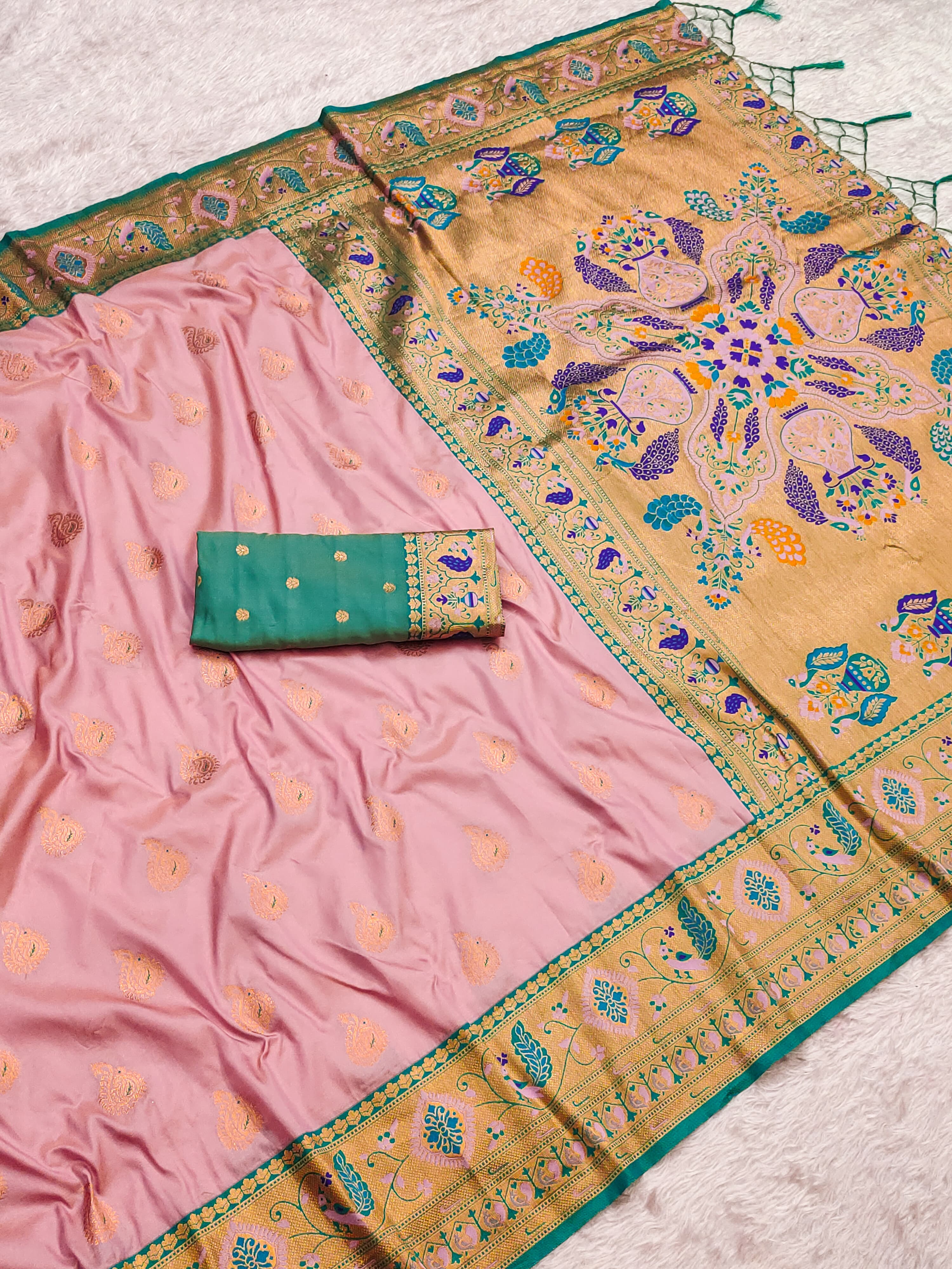 Baby Pink Zari Woven Peacock Paithani Silk Saree