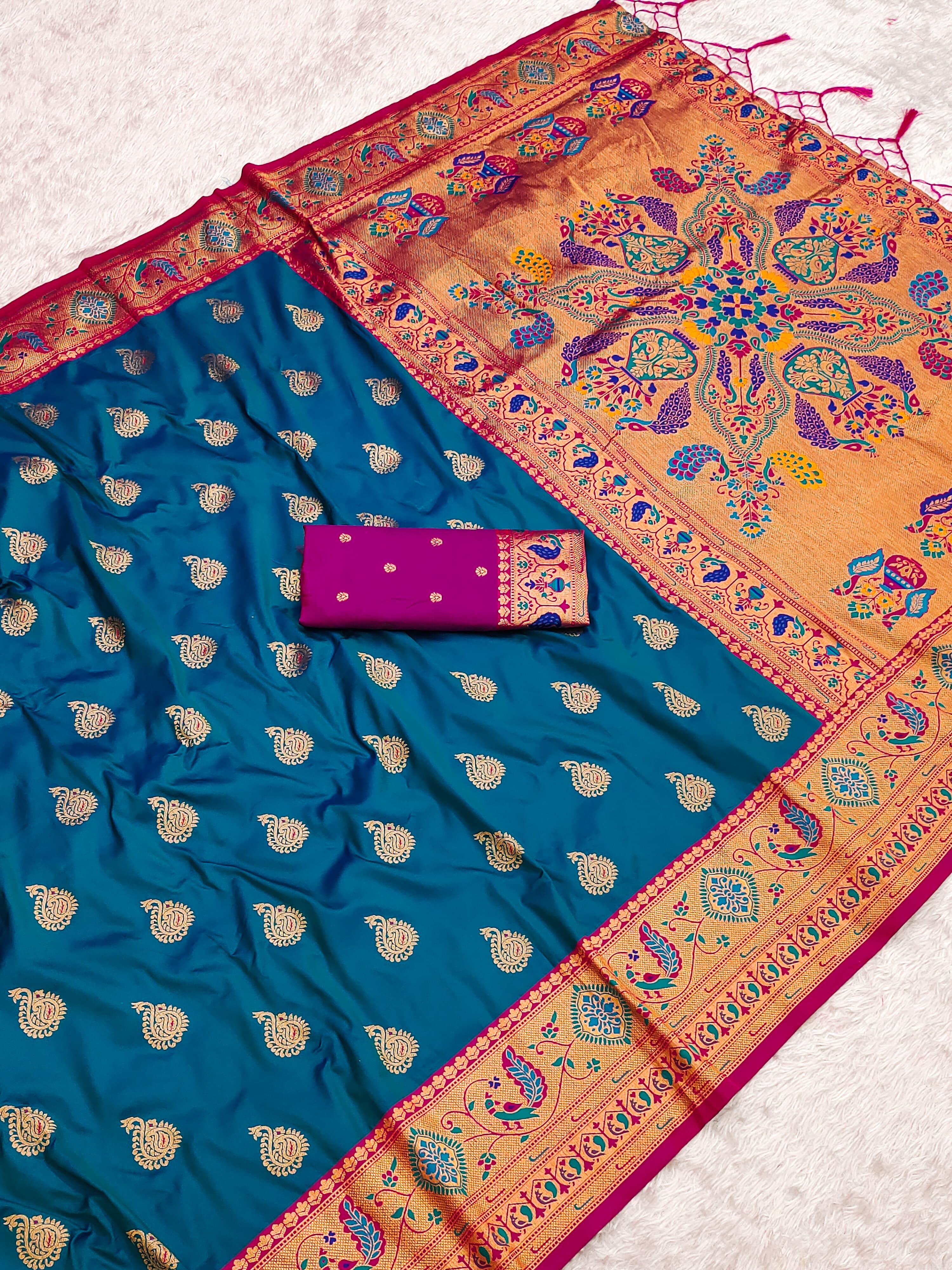 Rama Blue Zari Woven Peacock Paithani Silk Saree