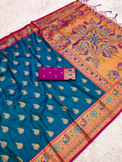 Rama Blue Zari Woven Peacock Paithani Silk Saree Paithani Saree Anant Tex Exports Pvt.Ltd..