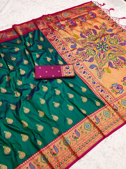Green Zari Woven Peacock Paithani Silk Saree Paithani Saree Anant Tex Exports Pvt.Ltd..
