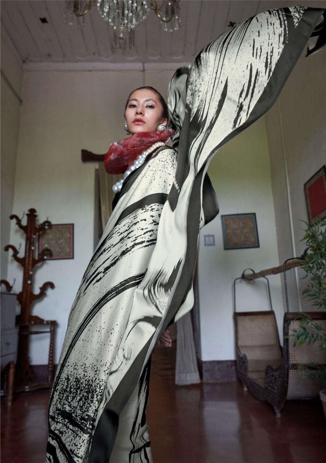 Black Pure Soft Modal Satin Kaalin Print Satin Saree