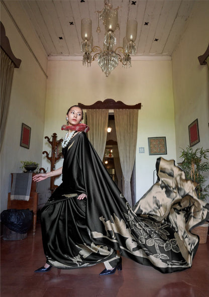 Black Pure Soft Modal Satin Kaalin Print Satin Saree Japan Satin Saree Anant Tex Exports Pvt.Ltd..