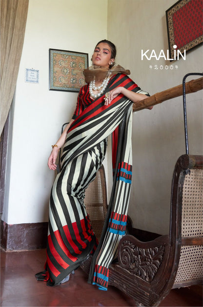 Red &amp; Black Pure Soft Modal Satin Kaalin Print Satin Saree Japan Satin Saree Anant Tex Exports Pvt.Ltd..