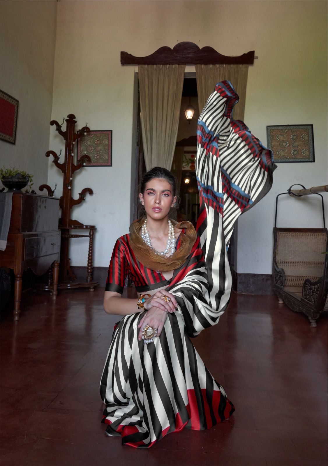 Red & Black Pure Soft Modal Satin Kaalin Print Satin Saree