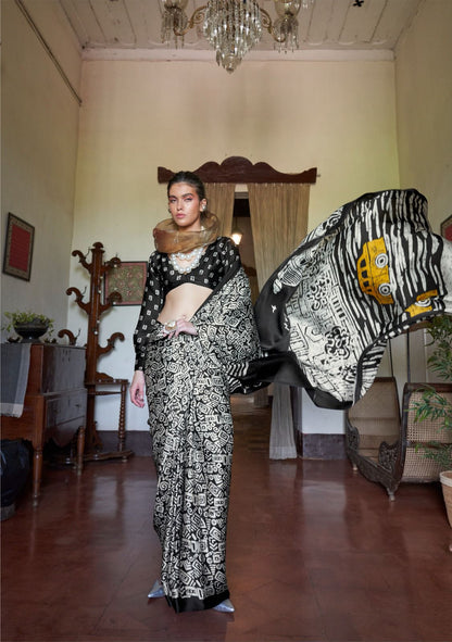 Black Pure Soft Modal Satin Kaalin Print Satin Saree Japan Satin Saree Anant Tex Exports Pvt.Ltd..