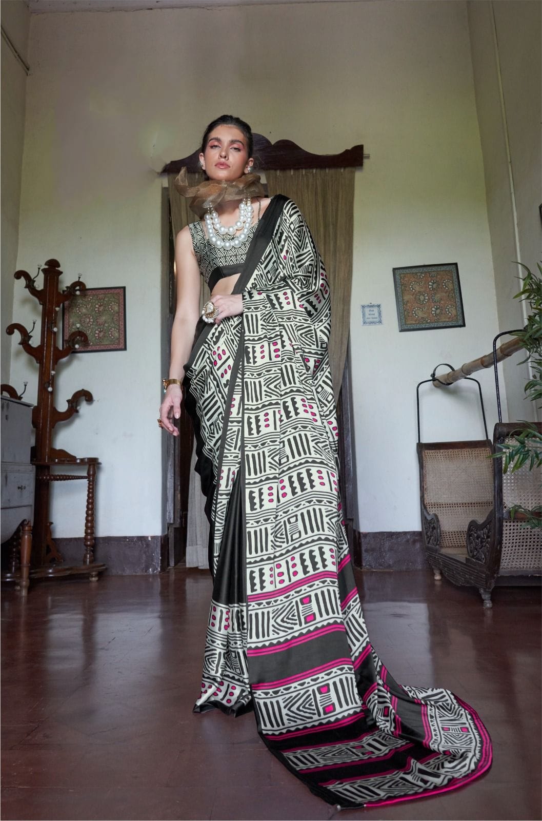 Black Pure Soft Modal Satin Kaalin Print Satin Saree Japan Satin Saree Anant Tex Exports Pvt.Ltd..