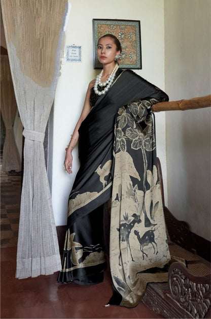 Black Pure Soft Modal Satin Kaalin Print Satin Saree Japan Satin Saree Anant Tex Exports Pvt.Ltd..