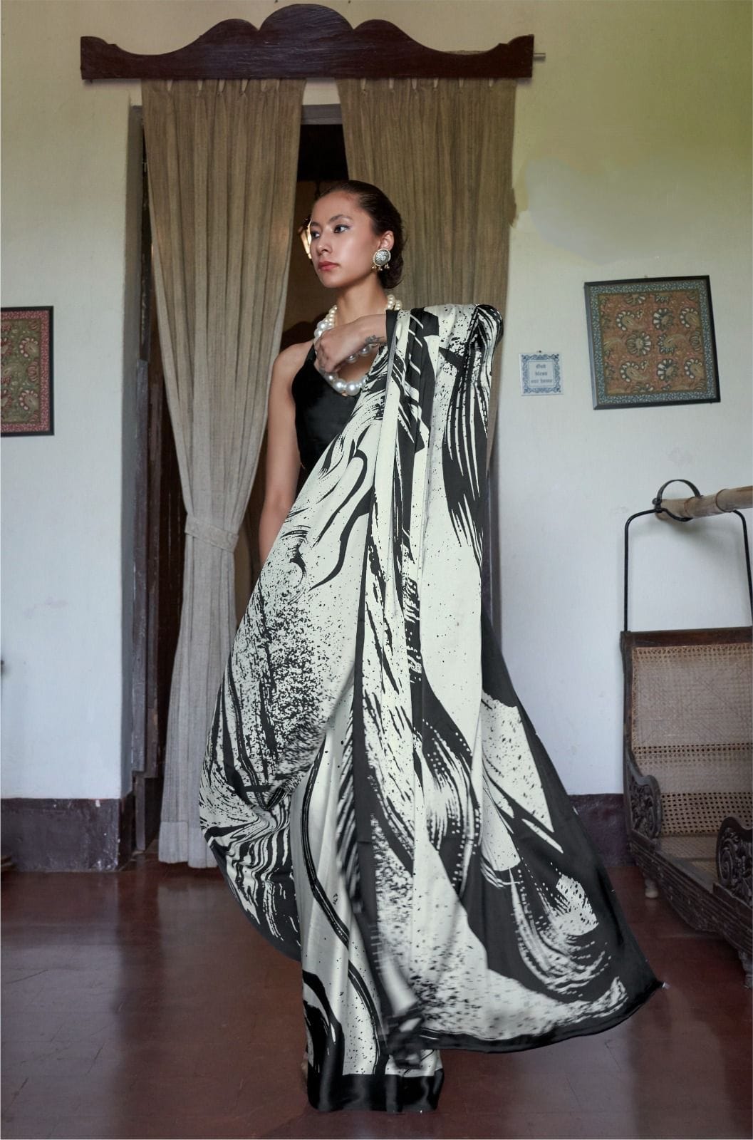 Black Pure Soft Modal Satin Kaalin Print Satin Saree Japan Satin Saree Anant Tex Exports Pvt.Ltd..