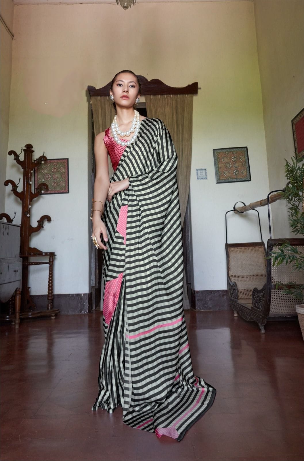 Black &amp; Pink Pure Soft Modal Satin Kaalin Print Satin Saree Japan Satin Saree Anant Tex Exports Pvt.Ltd..