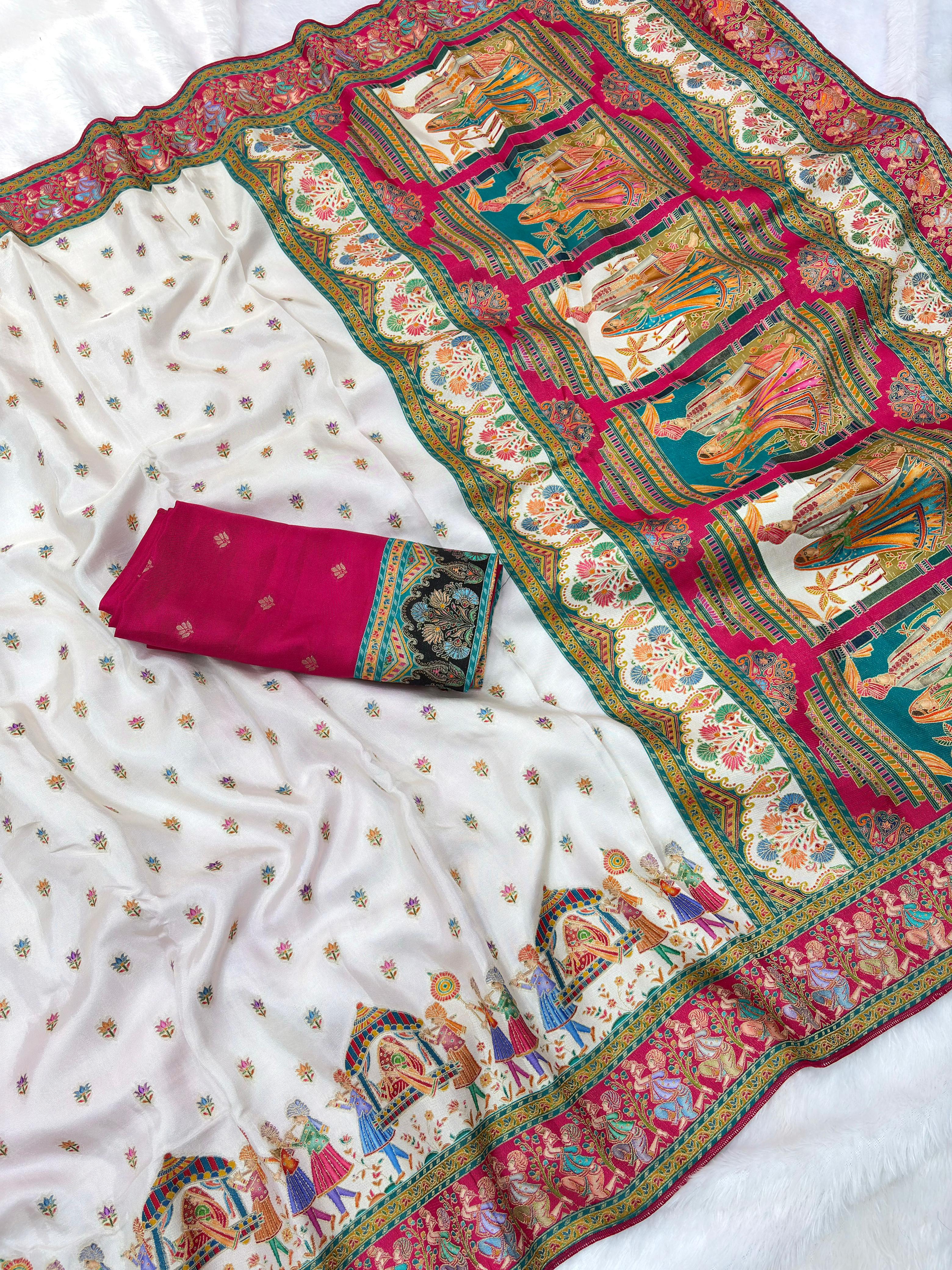 White Pure Viscose Silk Meenakari Zari Weaving Wedding Saree