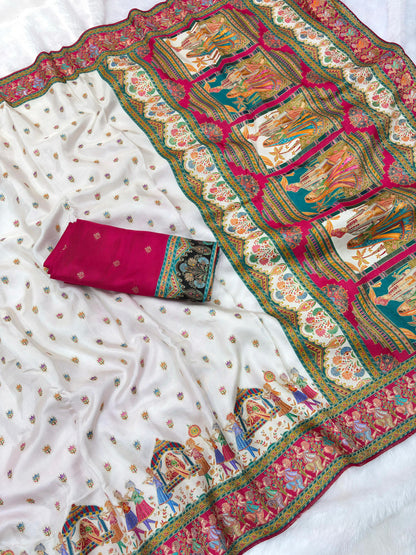 White Pure Viscose Silk Meenakari Zari Weaving Wedding Saree Kanjivaram Saree Anant Tex Exports Pvt.Ltd..