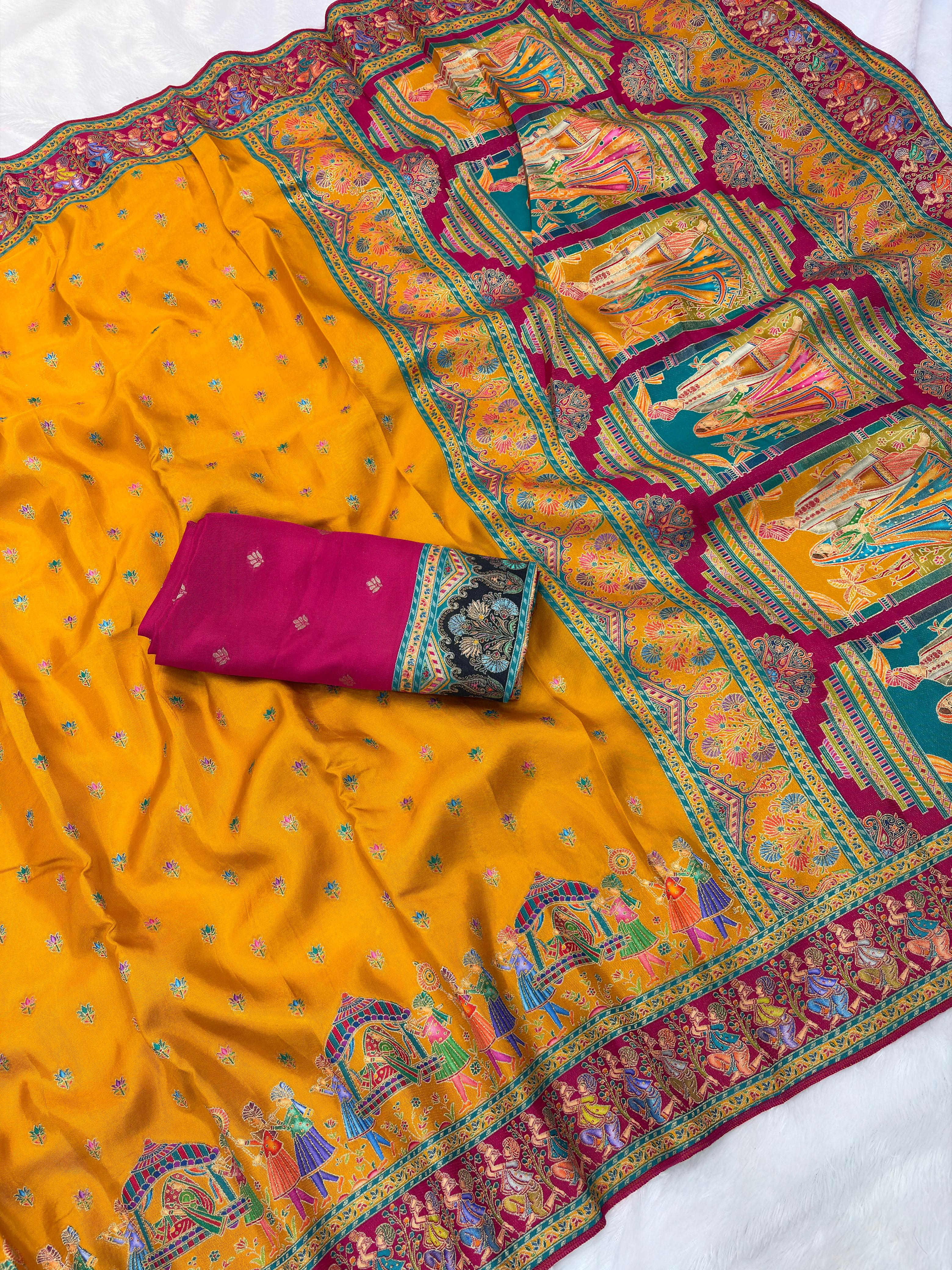 Yellow Pure Viscose Silk Meenakari Zari Weaving Wedding Saree