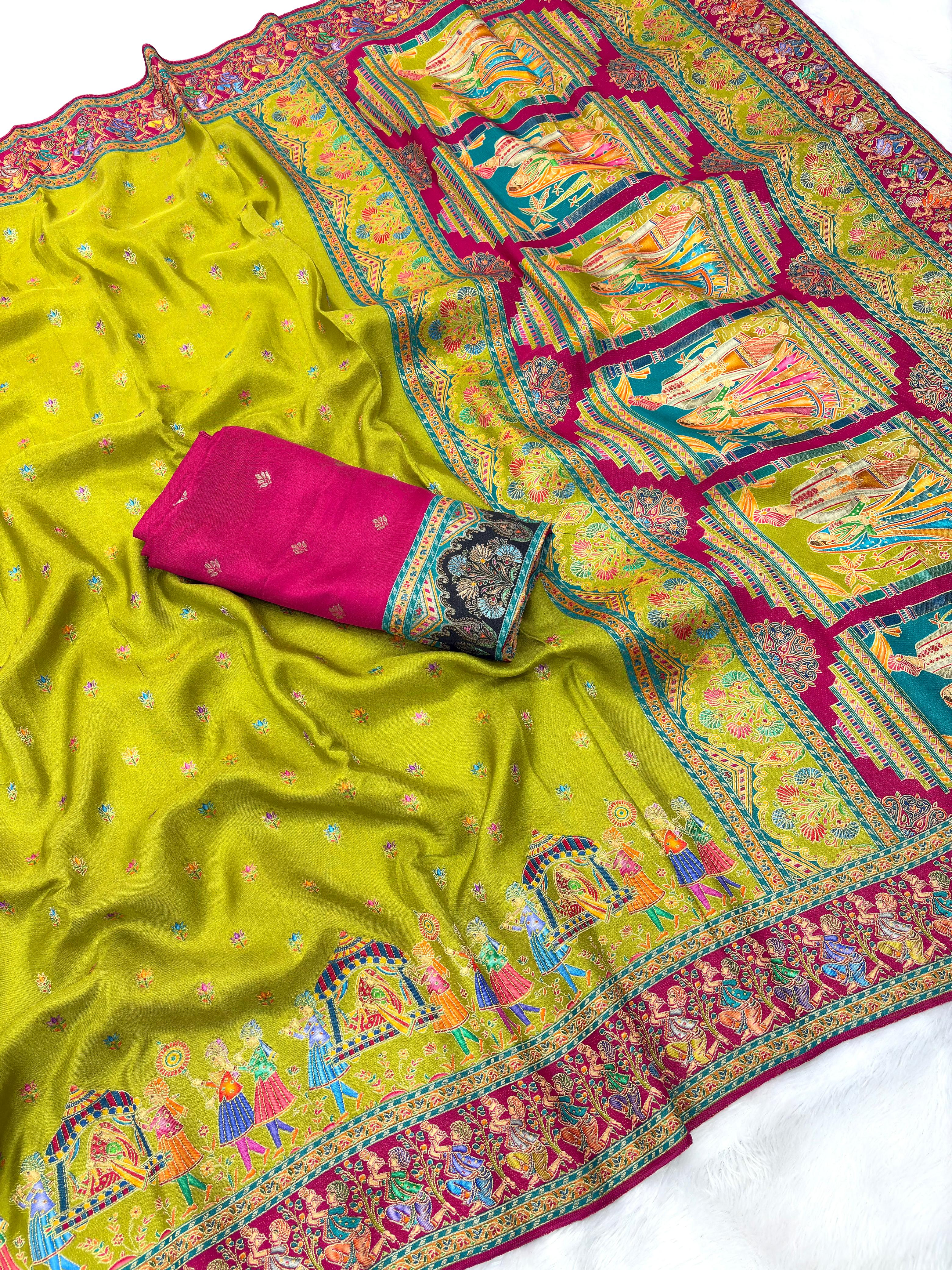 Mahendi Green Pure Viscose Silk Meenakari Zari Weaving Wedding Saree